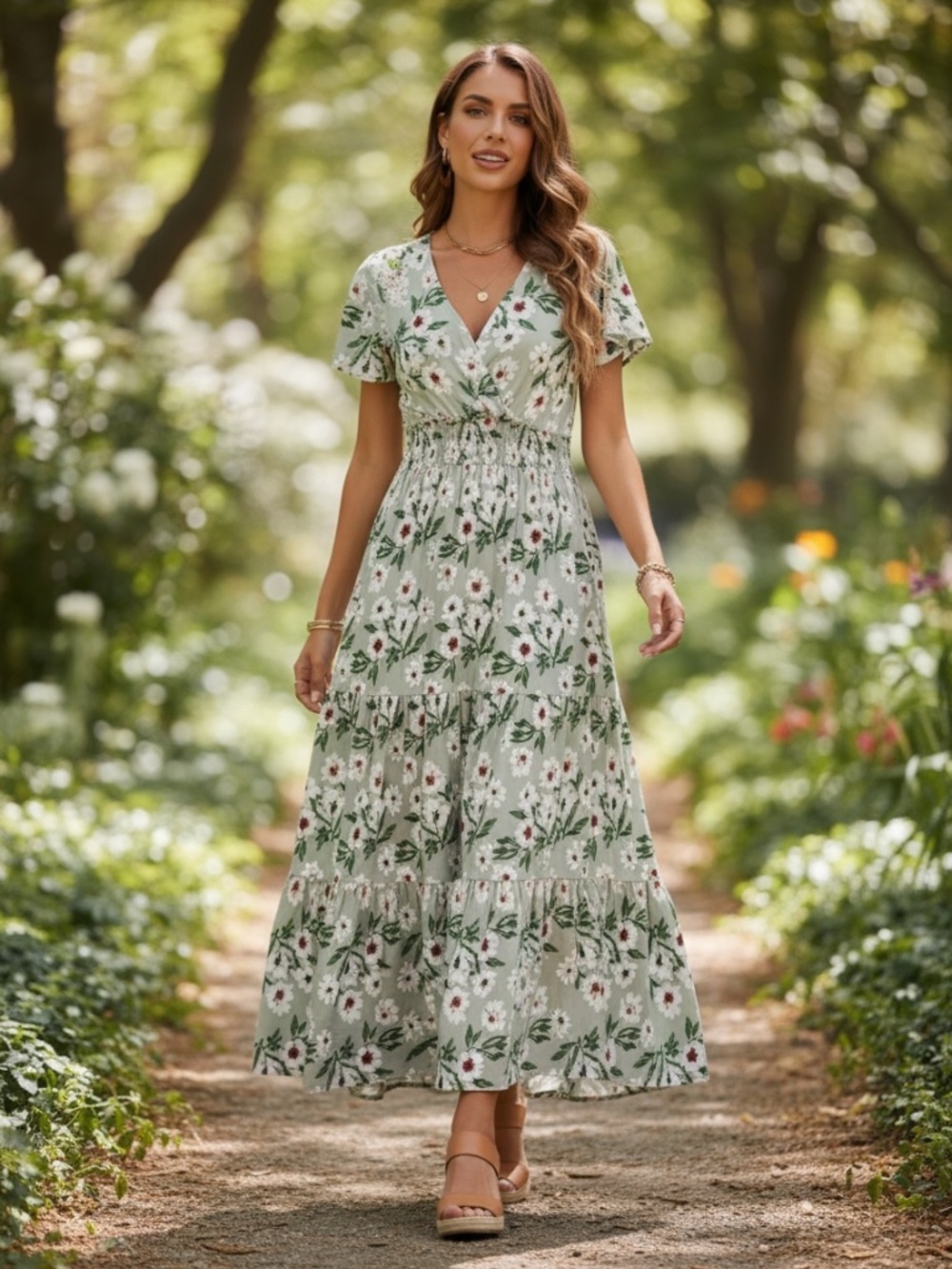 Women’s Floral Print V-Neck Maxi Dress - Picture 8 of 11